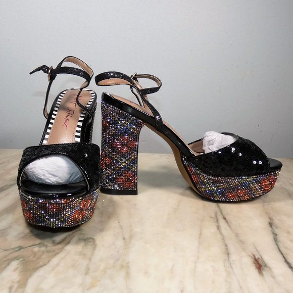 SPARKLING Betsey Johnson ALAIA sequin and rhinestone heeled platform sandals 8m - Picture 6 of 8